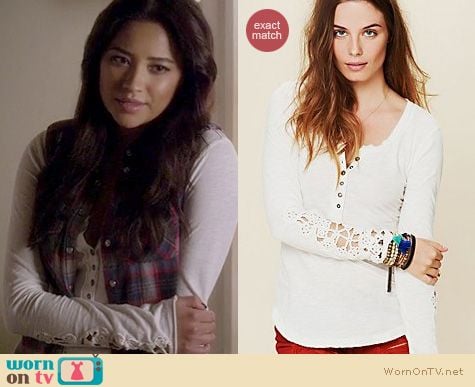 PLL Fashion: Free People crochet cuff henley tee worn by Shay Mitchell