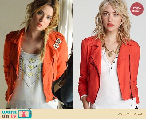 PLL Fashion: Free People Linen Moto jacket in cherry worn by Ashley Benson