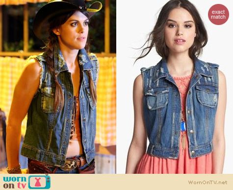 PLL Fashion: Free People Macrame Denim vest worn by Lindsey Shaw