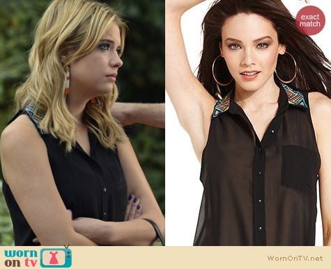 PLL Fashion: Guess Embroidered collar chiffon blouse worn by Ashley Benson