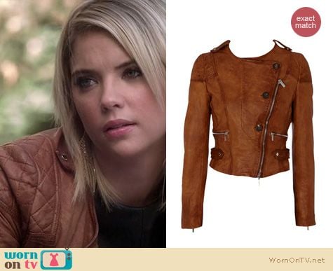 PLL Fashion: Karen Millen tan leather button jacket worn by Ashley Benson