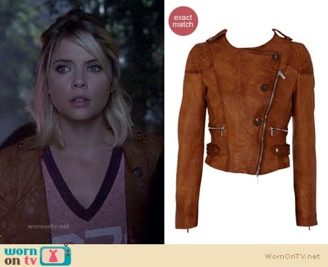 PLL Fashion: Karen Millen tan leather button jacket worn by Ashley Benson