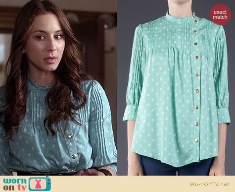 PLL Fashion: Lauren Moffatt Geometric Tulip Blouse worn by Troian Bellisario