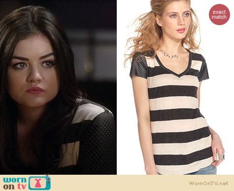 PLL Fashion: Macy's Bar III Striped cap sleeve faux leather top worn by Lucy Hale