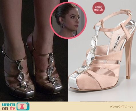 PLL Fashion: Miu Miu Be-jeweled satin t-strap sandals worn by Ashley Benson