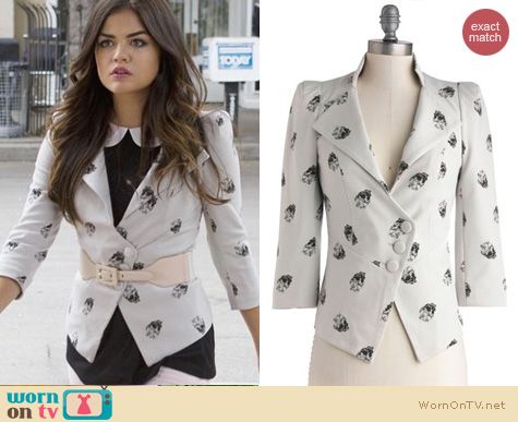 PLL Fashion: ModCloth A Heart Skull of Love blazer worn by Lucy Hale