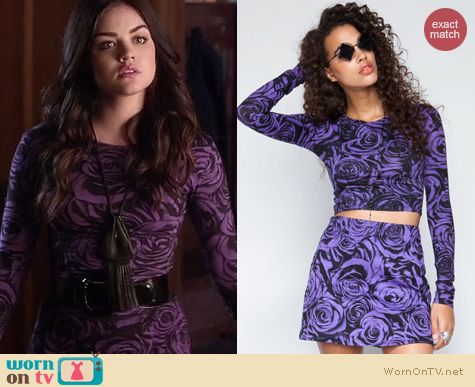 PLL Fashion: Motel Annie skirt and Bonnie top in purple rose print worn by Lucy Hale