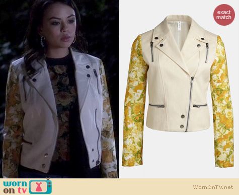 PLL Fashion: Mural Mixed Media Moto Jacket worn by Janel Parrish