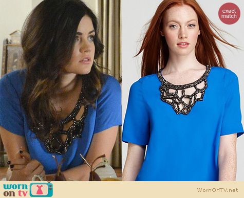 PLL Fashion: Plenty by Tracy Reese embellished crepe top worn by Lucy Hale