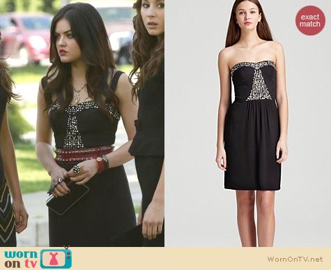 PLL Fashion: Rebecca Taylor Black strapless beaded dress worn by Lucy Hale