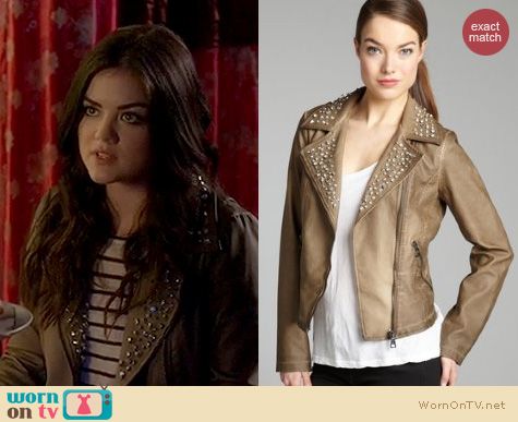 PLL Fashion: Sam Edelman Studded faux leather moto jacket worn by Lucy Hale