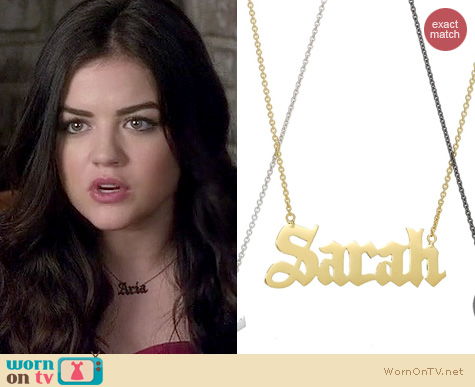 PLL Fashion: Sarah Chloe Ava Gothic Name Plate Necklace worn by Lucy Hale