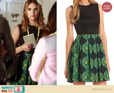 PLL Fashion: Taylor Dresses Green Mirror Print Fit & Flare Dress worn by Ashley Benson