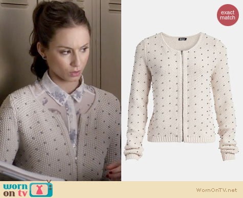 PLL Fashion: Tildon Beaded Bomber sweater worn by Troian Bellisario