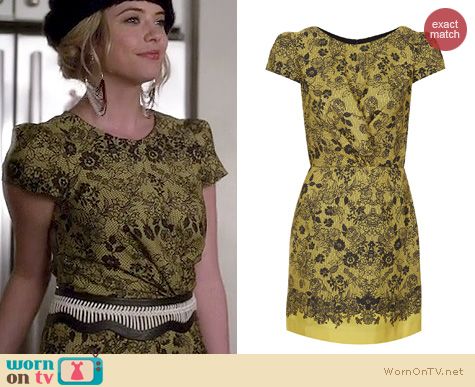 PLL Fashion: Topshop yellow lace placement twist dress worn by Ashley Benson