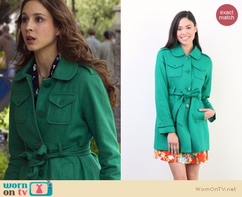 PLL Fashion: Tulle Raglan sleeve coat with epaulettes worn by Troian Bellisario