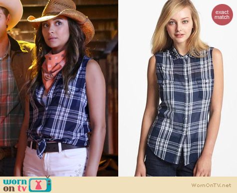 PLL Fashion: Two by Vince Camuto Sleeveless plaid shirt worn by Shay Mitchell