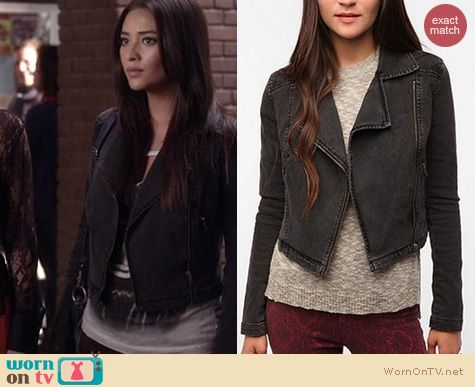 PLL Fashion: Urban Outfitters cropped denim moto jacket worn by Shay Mitchell