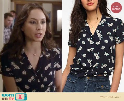 PLL Fashion: Urban Outfitters Kimchi Blue printed tie front blouse worn by Troian Bellisario