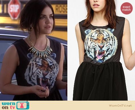 PLL Fashion: Urban Outfitters Reverse Tiger Face Skater Dress worn by Lucy Hale