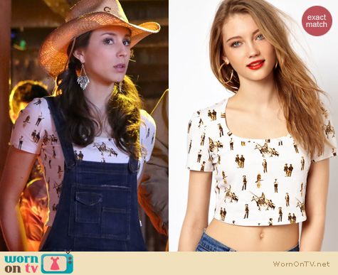 PLL Fashion: Viva Vena Cava Drifter crop top in cowboys and indians worn by Troian Bellisario