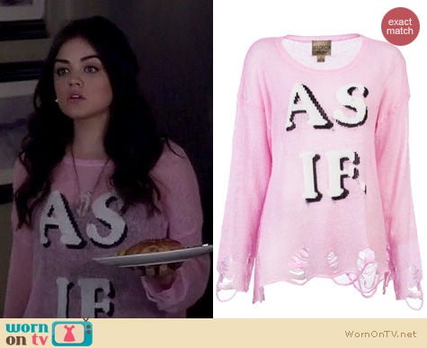 PLL Fashion: Wildfox AS IF sweater in pink worn by Lucy Hale