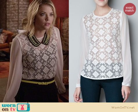 Pretty Little Liars Fashion: Zara sheer embroidered blouse worn by Ashley Benson