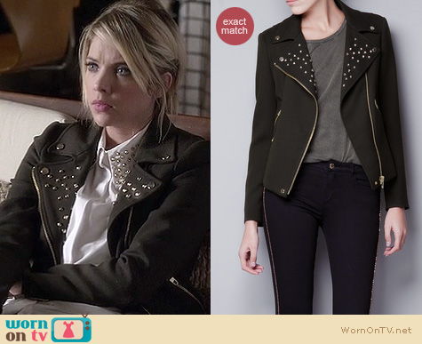 PLL Fashion: Zara studded lapel jacket with zips worn by Ashley Benson