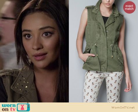 PLL Fashion: Zara Military vest with studded collar worn by Shay Mitchell