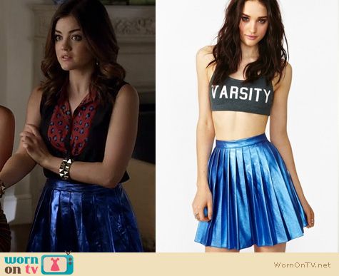 Pretty Little Liars Fashion: Blue metallic foil pleated skirt worn by Lucy Hale