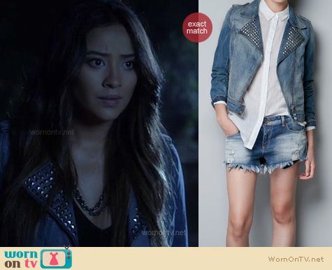 Pretty Little Liars Fashion: Zara zips and studs denim jacket worn by Shay Mitchell