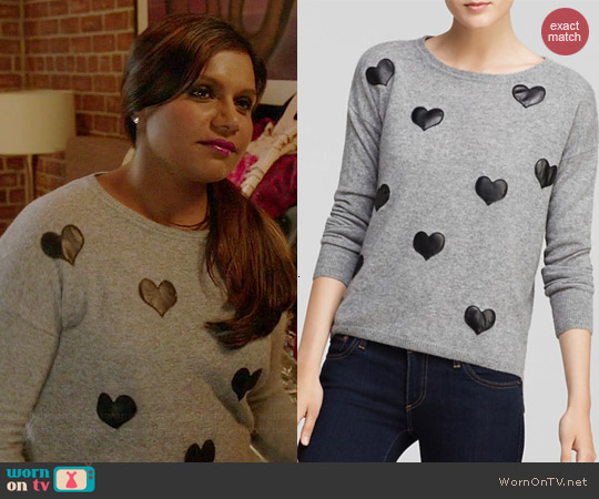 Quotation Leather Heart Cashmere Sweater worn by Mindy Kaling on The Mindy Project