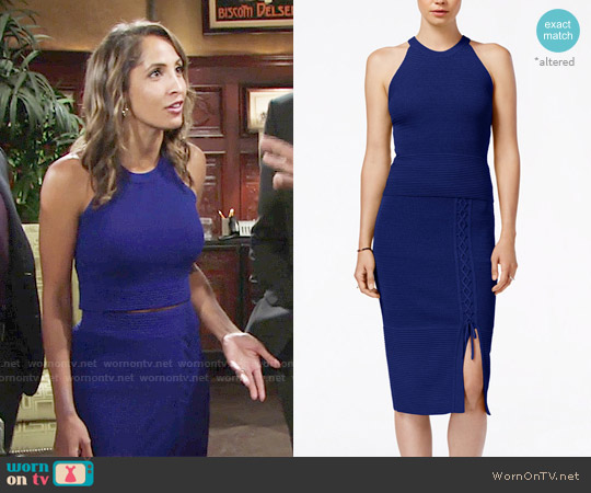 RACHEL Rachel Roy Crew-Neck Sleeveless Sweater and Lace-Up Sweater Skirt worn by Lily Winters (Christel Khalil) on The Young and the Restless