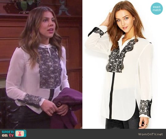 Rachel Roy Long-Sleeve Lace-Overlay Tuxedo Blouse worn by Abigail Deveraux (Kate Mansi) on Days of our Lives