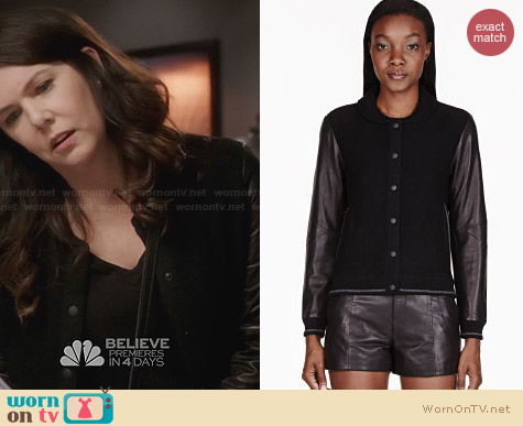 Rag & Bone Reina Leather Sleeve Varsity Jacket worn by Lauren Graham on Parenthood