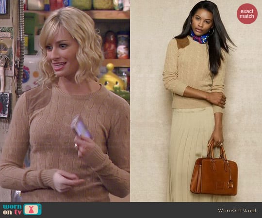 Ralph Lauren Blue Label Suede Patch Cabled Crewneck Sweater worn by Beth Behrs on 2 Broke Girls