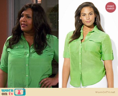 Ralph Lauren Cotton Silk Work Shirt in Zinnia Green worn by Kym Whitley on Young & Hungry