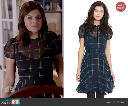 Ralph Lauren Silk Georgette Tartan Dress worn by Casey Wilson on Marry Me