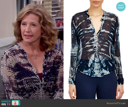 Raquel Allegra Chiffon Henley Blouse worn by Vanessa Baxter (Nancy Travis) on Last Man Standing