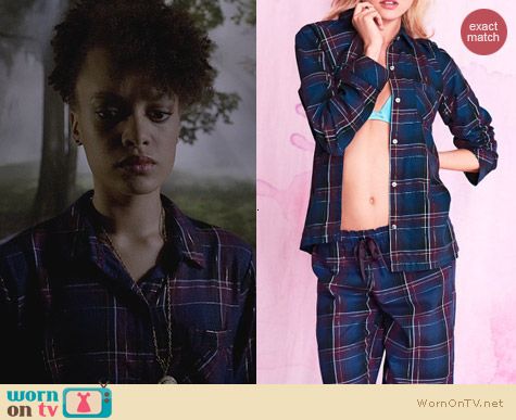 Ravenswood Fashion: Victoria's Secret Navy Metallic Plaid Dreamer Flannel Pajamas worn by Britne Oldford