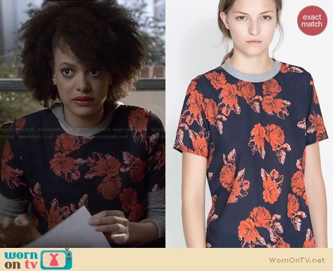 Ravenswood Fashion: Zara Rose Print Blouse worn by Britne Oldford