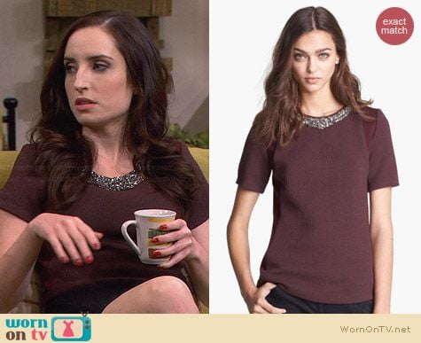 Rebecca Taylor Embellished Tee in Bordeaux worn by Zoe Lister Jones