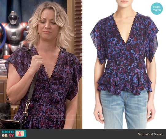 Rebecca Taylor Flutter Sleeve Peplum Silk Top worn by Penny Hofstadter (Kaley Cuoco) on The Big Bang Theory