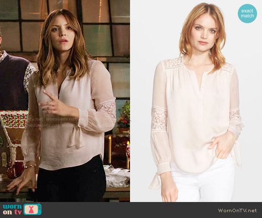 Rebecca Taylor Long Sleeve Silk and Lace Blouse in Malt Ball worn by Paige Dineen (Katharine McPhee) on Scorpion