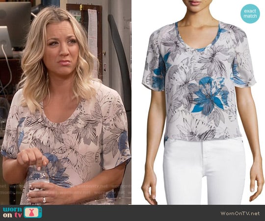 Rebecca Taylor Short-Sleeve Tahitian Flower Silk Chiffon Top worn by Penny Hofstadter (Kaley Cuoco) on The Big Bang Theory