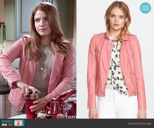 Rebecca Taylor Washed Leather Moto Jacket in Guava worn by Audrey Pitagorski (Paige Spara) on Kevin from Work