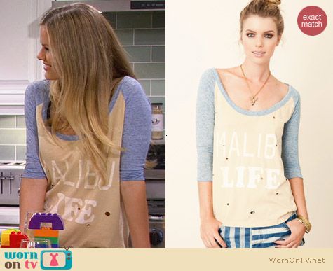 Rebel Yell Malibu Destroyed Baseball Tee worn by Brooklyn Decker on FWBL