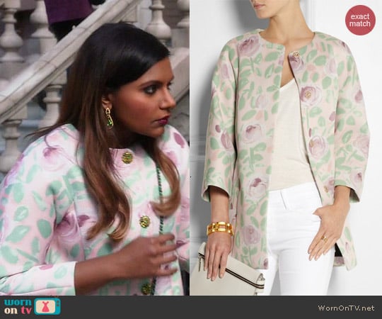 RED Valentino Floral Print Scuba Coat worn by Mindy Lahiri (Mindy Kaling) on The Mindy Project