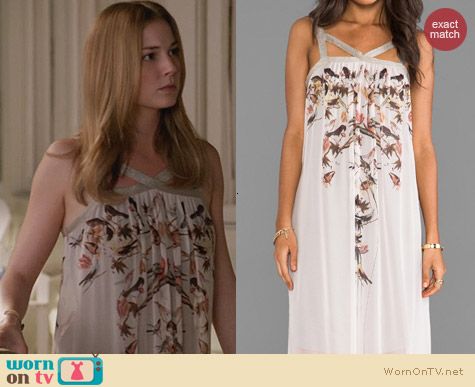 Revenge Fashion: Cynthia Vincent Beautiful & Damned Mirrored Bird Maxi Dress worn by Emily VanCamp