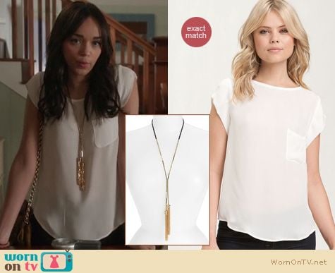 Revenge Fashion: Joie Rancer blouse and Cara Couture chain tassel necklace worn by Ashley on Revenge